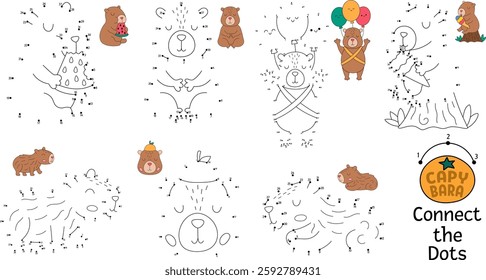 Vector line capybara dot-to-dot and color activity set with animal sleeping, meditating, relaxing. Capibara black and white connect the dots game with colored example. Coloring page for children