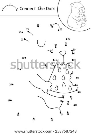 Vector line capybara dot-to-dot and color activity with cute animal eating watermelon. Simple black and white connect the dots game, coloring page for children with relaxing capibara
