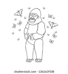 vector line cartoon animal clip art gorilla, butterflies