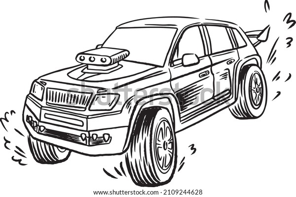 vector line cartoon car\
extreme transport illustration design for boys. isolated on white\
background. Doodle Illustration in modern t-shirts style for\
clothes.