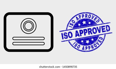 Vector line certificate icon and ISO Approved seal stamp. Blue rounded distress seal stamp with ISO Approved message. Black isolated certificate icon in stroke style.