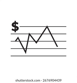 Gráfico de líneas de Vector con signo de dólar que simboliza el pasivo, la pérdida financiera, la deuda, el riesgo o el declive económico. Icono de esquema simple para conceptos de contabilidad, banca, inversión y finanzas comerciales.