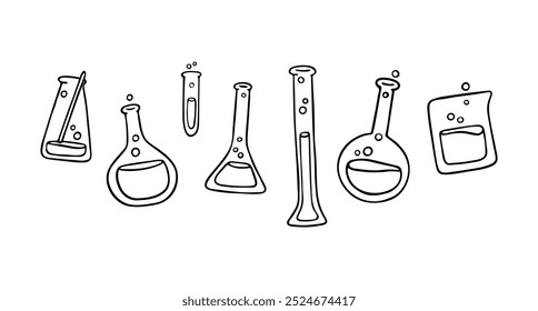 Vector line chemical flasks. Hand drawn illustration. Doodle Style