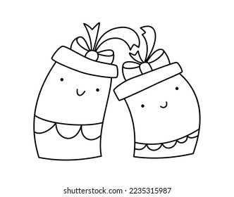 Vector line Christmas illustration couple of happy love smiling gift boxes. Pair of cute patterned elements for winter design. Joy and family concept. Doodle style.