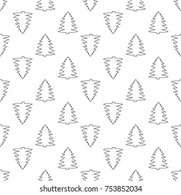 Vector line christmas tree seamless pattern. Merry Christmas and happy new year greeting card backdrop design. Retro hand drawn flat art on white background.