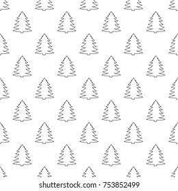 Vector line christmas tree seamless pattern. Merry Christmas and happy new year greeting card backdrop design. Retro hand drawn flat art on white background.