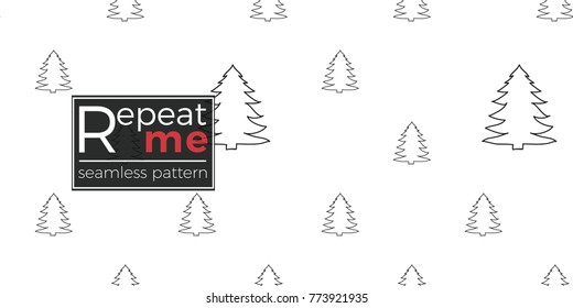 Vector line christmas tree seamless pattern. Merry Christmas and happy new year greeting card backdrop design. Retro hand drawn flat art on white background.