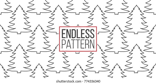 Vector line christmas tree seamless pattern. Merry Christmas and happy new year greeting card backdrop design. Retro hand drawn flat art on white background.