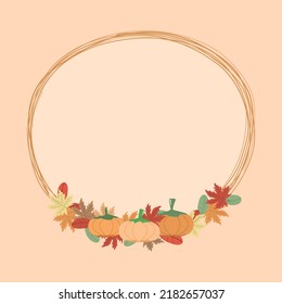 Vector - Line circle with pumpkin, maple leaves on light orange background. Coy space. Can be use for card, banner, web.