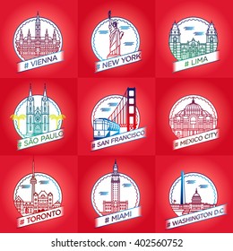 vector line city badge set collection vienna, new york, lima, sao paulo, san francisco, mexico city, toronto, miami, washington D.C.