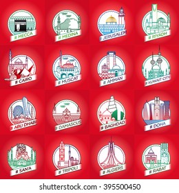 vector line city, mecca, medina, jerusalem, riyadh, cairo, muscat, amman, kuwait city, abu dhabi, damascus, baghdad, doha, san'a, tripoli, algiers, rabat  badge set collection