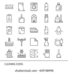 Vector line cleaning service icon set, emblems and logos. Cleaning items - vacuum cleaner, protective gloves, spray bottle, wipe, squeegee, sponge, bucket, mop, brush, duster and many more.