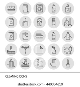Vector line cleaning service icon set, emblems and logos. Cleaning items - vacuum cleaner, protective gloves, spray bottle, wipe, squeegee, sponge, bucket, mop, brush, duster and many more.