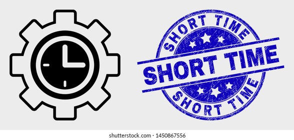 Vector line clock setup wheel pictogram and Short Time watermark. Blue round grunge watermark with Short Time message. Black isolated clock setup wheel pictogram in line style.