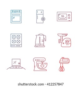Vector line collection of house appliances including fridge, mincer, stove, teapot, microwave. House technology.