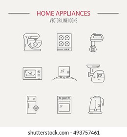 Vector line collection of house appliances including fridge, mincer, stove, teapot, microwave. House technology.