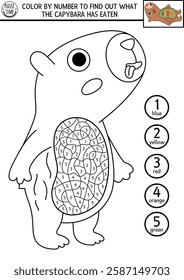 Vector line color by number activity with capybara and food in his stomach. Capibara black and white counting or colouring game. Simple coloring page for kids with cute animal and ice cream
