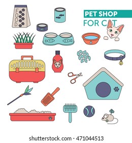 Vector line color icon set. Pet shop scissors for claws, litter scoop, litter box, pet kennel, shampoo, oats, nail caps, food for cat