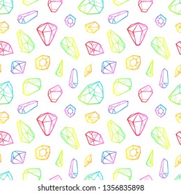 Vector line color neon crystals seamless pattern isolated on white background. Outline sign kit of gemstone. Crystal thin line icons set. Mineral linear icon collection. Diamond, emerald, aquamarine. 