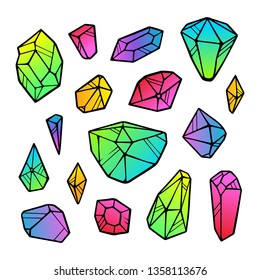 Vector line color neon gradient crystals stickers isolated on white background. Outline sign kit of gemstone. Crystal thin line icons set. Mineral linear icon collection. Diamond, emerald, aquamarine.