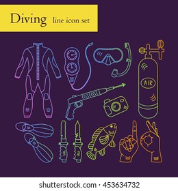 Vector line color rainbow icons with diving equipment. Linear icons of scuba, oxygen balloon, diver knife, harpoon, spear gun, gauge, camera.