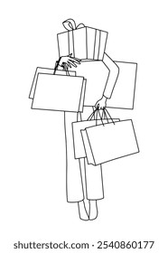 Vector line coloring page, girl with shopping, shopaholic, Black Friday, gift boxes, and shopping bags