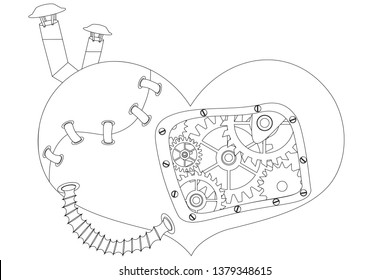 vector line colorless black and white steampunk heart with gears and pipes symbol. Card design for for st valentine's day