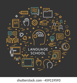 Vector line concept and banner for foreign language school. Open path.