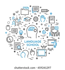 Vector line concept and banner for foreign language school. Open path.