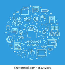 Vector line concept and banner for foreign language school. Open path.