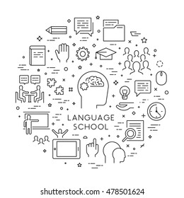 Vector line concept and banner for foreign language school. Open path.