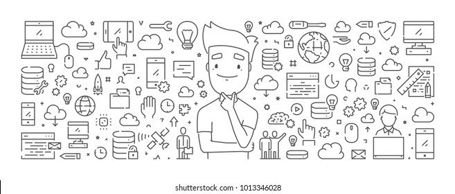 Vector line concept of cloud computing. Modern linear web banner for cloud technology.