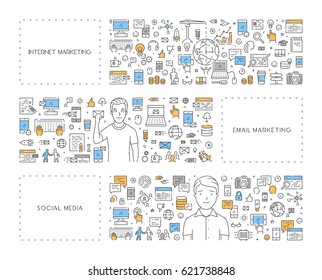 Vector line concept for email internet. Linear banner for internet marketing. Modern background for social media.