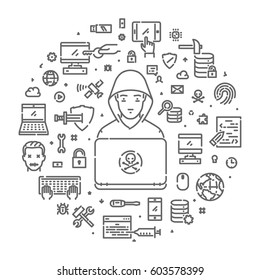 Vector line concept of hacking and cybercrime. Round banner of crimes on the internet. Open path.