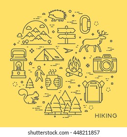 Vector line concept for hiking. Linear design banner for adventure. Open path.
