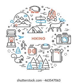 Vector line concept for hiking. Linear design banner for adventure. Open path.