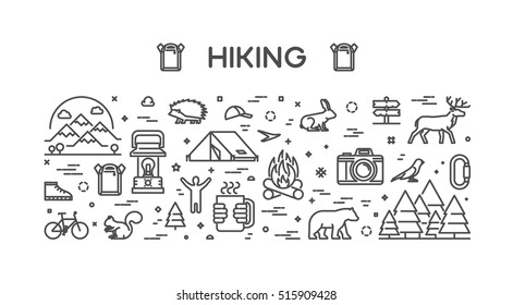 Vector line concept for hiking. Linear design banner for adventure. Open path.