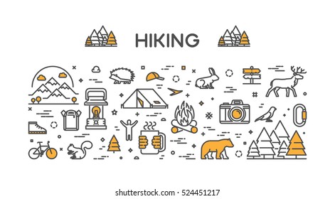 Vector line concept for hiking. Linear design banner for adventure. Open path.