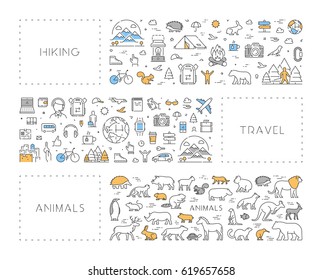 Vector line concept for hiking. Linear banner for travel. Modern background for animals.