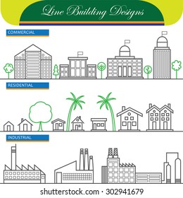 vector line concept icons of commercial, residential and industrial buildings. these also represent concepts like flats, real estate, property, office space, factory, industry, home, house