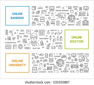 Médico en línea de concepto de vectores. Cartel lineal sobre educación en línea. Símbolo web moderno para banca en línea.