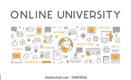 Vector line concept for online university. Linear web banner for online education.