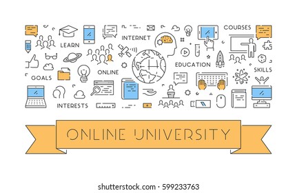Vector line concept for online university. Linear web banner for online education.