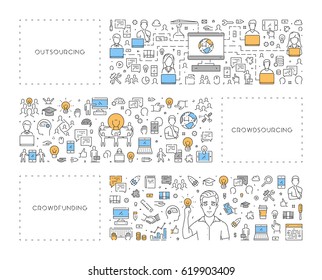 Vector line concept for outsourcing. Linear banner for crowdsourcing. Modern background for crowdfunding.