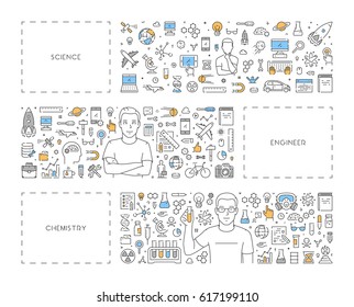 Vector line concept for science. Linear banner for engineering. Modern background for chemistry.