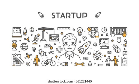 Vector line concept for startup. Linear horizontal banner for web.