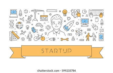 Vector line concept for startup. Linear horizontal banner for web.