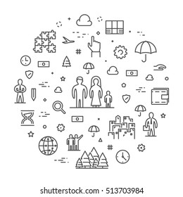 Vector line concept web banner for health and life insurance. Open path.