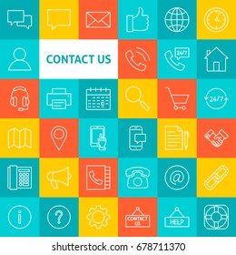 Vector Line Contact Us Icons. Thin Outline Business Symbols over Colorful Squares.