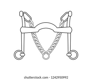 Vector line contour icon of horse bridle snaffle. Curb bit for dressage equestrian sport Isolated on white 